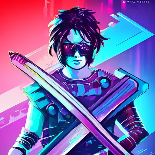 Prompt: katana zero video game character, huge sword, cyborg, synthwave art, colorful, digital art, thiago lehmann