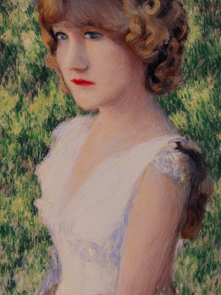 Image similar to portrait of < zelda fitzgerald > as a beautiful young lady wearing 1 9 2 0 s fashion, blurry face, brown hair, slim, fair, severe out of focus, depth of field, pleinairism, in the sun, backlit, closeup, oil on canvas, atr by monet, in the style of le promenade, smooth, impressionnisme, 8 k