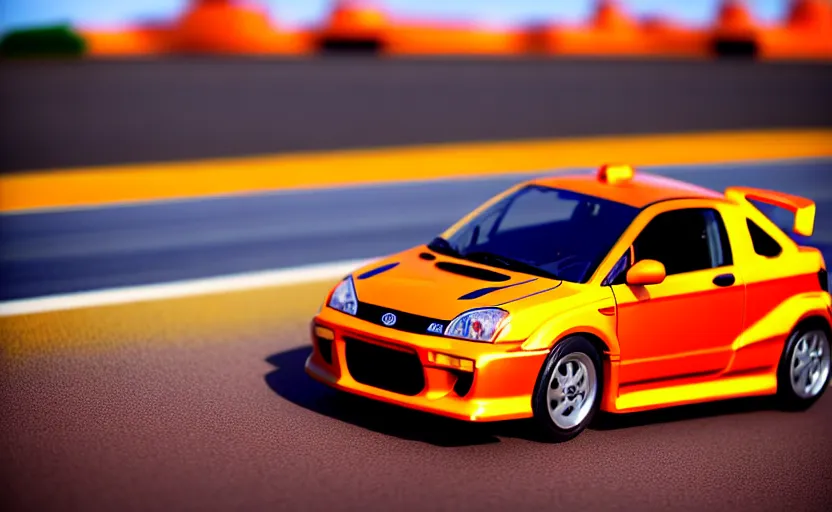 Image similar to photograph of a cell-shaded orange itasha Honda EK9 Type-R, speeding on a desert road with a futuristic city in the horizon, kicking up dirt, action shot, one point perspective, 1-point perspective, tilt shift, sigma 85mm f/1.4, 4k, depth of field, high resolution, 4k, 8k, hd, full color