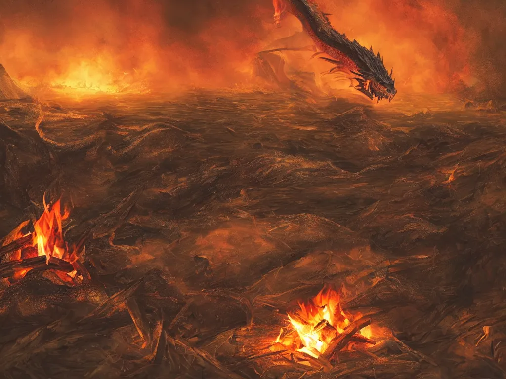 Image similar to a campfire, a dragon flying at background, dragon\'s eyes shining red/yellow seen by far at sky, people talking with each other, sun setting, and sea waves is slow