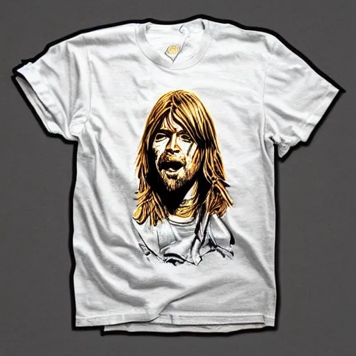 Prompt: kurt cobain wearing a bitcoin t - shirt screaming angrily, arguing, concept art, incredible detail, photorealistic, caricature