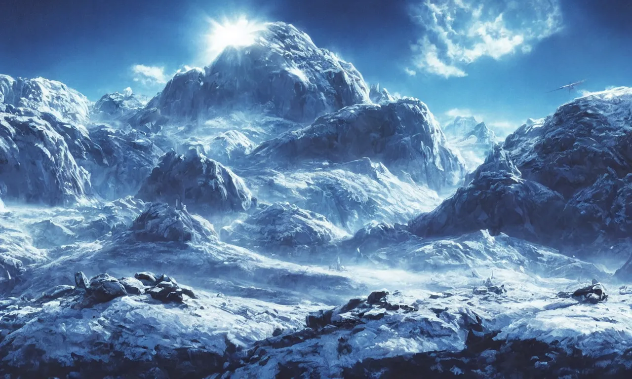 Image similar to frozen planet with mountains in clouds on the background, ravine in front, science-fiction, cinematic lighting, cinematic angle, Syd Mead, Federico Pelat, daylight, blue sky, spaceship in the sky