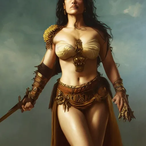 Image similar to the portrait of salma hayek as amazon in intricate dress by roberto ferri, fantasy, witcher, very detailed oil painting, masterpiece, 8 k