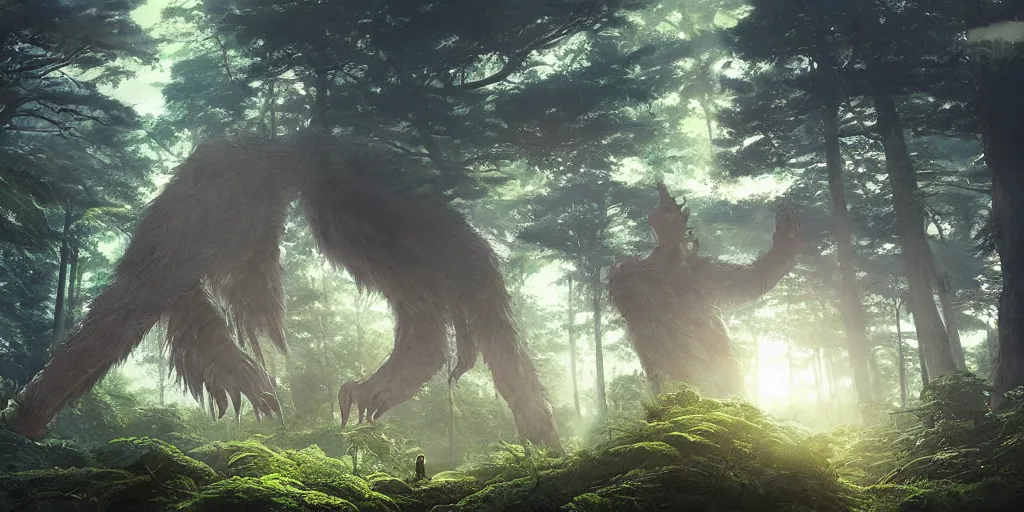 Image similar to giant monster, forest, tree tops, 4 k, artgerm, high detail, dramatic lighting, sunset, hayao miyazaki, masashi ando, nizou yamamoto, kazuo oga, joe hisaishi, yoji takeshige, naoya tanaka