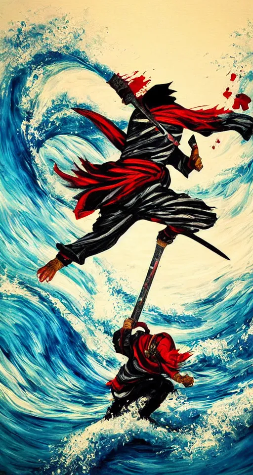 Image similar to beautiful abstract painting, man, ninja with katana of water wave, full body, water fists of fury, crazy hate face, jumping leaping heroic attack, action scene, ultra detailed