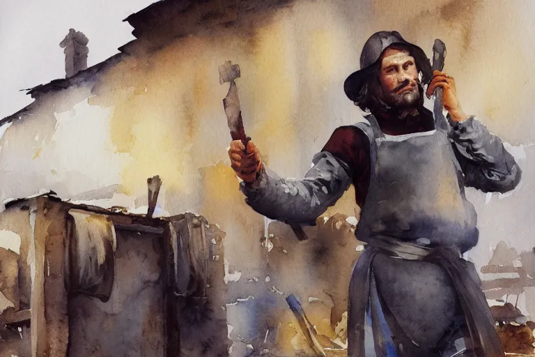 Image similar to small centered on watercolor paper, paint brush strokes, abstract watercolor painting of medieval blacksmith with apron, cinematic light, national romanticism by hans dahl, by jesper ejsing, by anders zorn, by greg rutkowski, by greg manchess, by tyler edlin