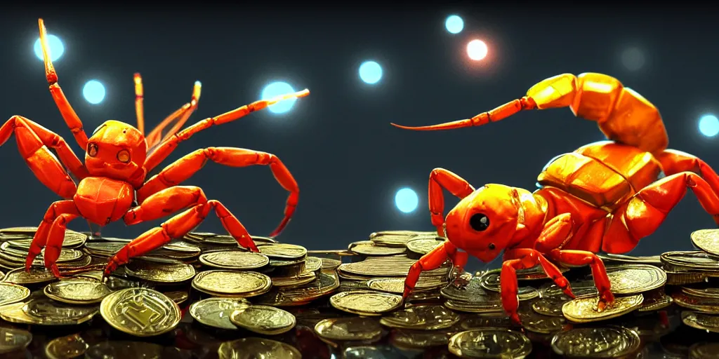 Image similar to a red scorpion with yellow scorpion tail on top of cryptocurrency coins, lots, of gems, diamonds photorealistic, unreal engine 5, octane render, volumetric light, cg society, 4 k, bokeh, lada car, artstation treasure trove sparkling on the floor of an ornate stone vault, by justin gerard and haeckel.