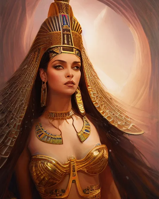 Image similar to Jessica Kahawaty as a beautiful egyptian princess, gorgeous, portrait, Symmetrical, powerful, intricate, beautiful, masterpiece, elegant, volumetric lighting, highly detailed, artstation, sharp focus, no cropping, illustration, Peter Mohrbacher, Artgerm, Jean-Leon Gerome , ruan jia