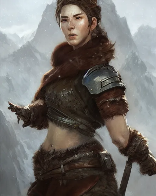 Prompt: the elder scrolls vi, charismatic rugged female nord warrior portrait, illustration, rim light, top light, perfectly shaded, soft painting, art by krenz cushart and wenjun lin