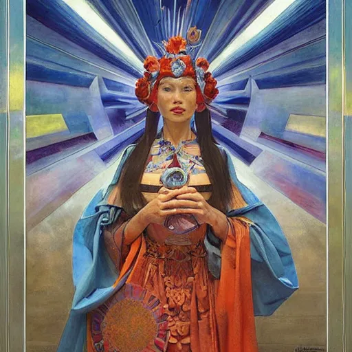 Image similar to queen of the dawn with her lantern and regalia, by donato giancola and nicholas roerich, and ( ( ( ( ( diego rivera ) ) ) ) ), symbolist, tattoos, dramatic lighting, elaborate geometric ornament, art brut, god rays, soft cool colors, smooth, sharp focus, extremely detailed