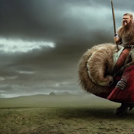 Image similar to viking riding a tardigrade, movie still