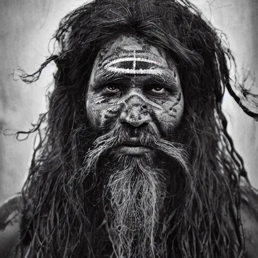 Image similar to 3 5 mm film portrait of strange aghori sadhu covered in ash creature, hyperrealism, photorealistic, detailed, atmospheric, 8 k, award winning photography, cinematic