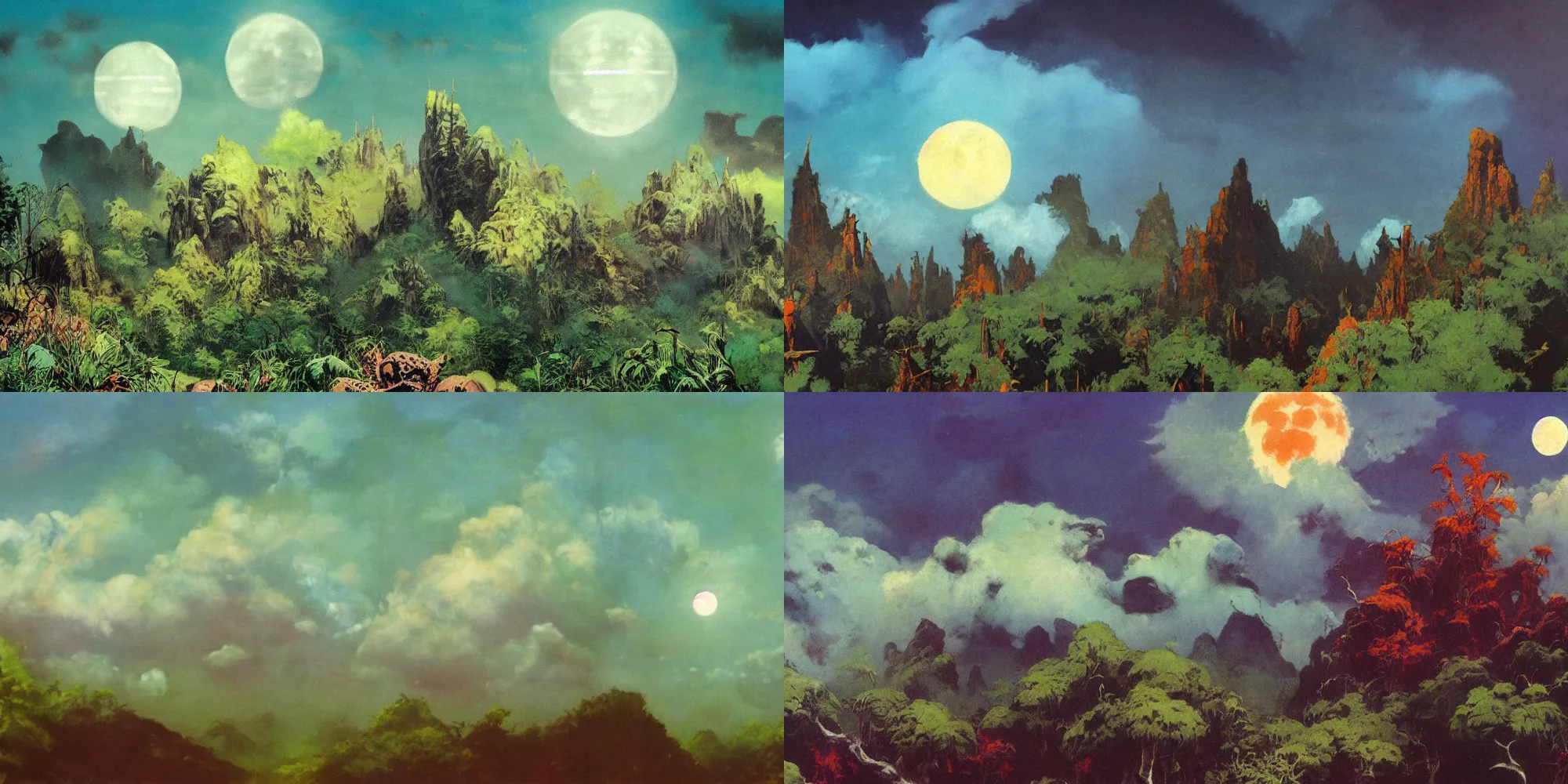 Prompt: frazetta jungle with cyan mist on extremely detailed textured frazetta oil painting panorama dramatic clouds and moon