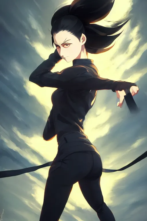 Image similar to black ponytail hair, pale woman in a black zipper jacket, yellow eyes, by artgerm, hair tied in a ponytail, white backdrop, soft lighting, fighting pose, dynamic angle, by greg rutkowski makoto shinkai takashi takeuchi