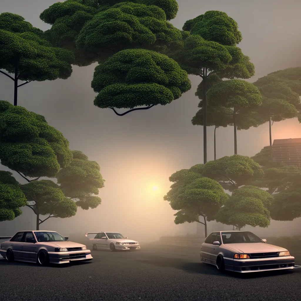 Prompt: car in center JZX100 twin turbo drift on a road, surrounded by trees and buidlings in Tokyo prefecture, rooftops are Japanese architecture, city at sunset heavy mist over streetlights, cinematic lighting, photorealistic, detailed wheels, highly detailed, ASDF render