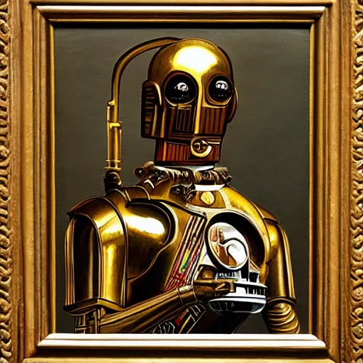 Image similar to a portrait painting of c 3 po from star wars in a renaissance style hanging in the louvre