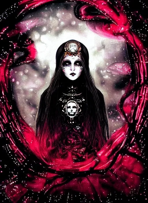 Prompt: baroque bedazzled gothic royalty frames surrounding a pixelsort highly detailed portrait of a hopeful pretty astronaut lady with a wavy blonde hair, by Gerhard Munthe , 4k resolution, nier:automata inspired, bravely default inspired, vibrant but dreary but upflifting red, black and white color scheme!!! ((Space nebula background)) emo demonic horrorcore japanese yokai doll, low quality sharpened graphics, remastered chromatic aberration spiked korean bloodmoon sigil stars draincore, gothic demon hellfire hexed witchcore aesthetic, dark vhs gothic hearts, neon glyphs spiked with red maroon glitter breakcore art by guro manga artist Shintaro Kago