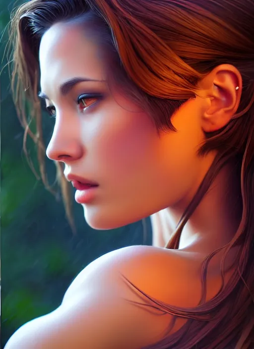 Image similar to photo of a gorgeous female in the style of stefan kostic, realistic, half body shot, sharp focus, 8 k high definition, insanely detailed, intricate, elegant, art by stanley lau and artgerm, extreme bokeh foliage