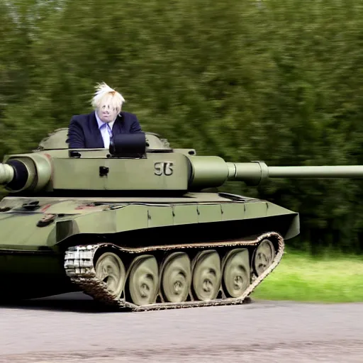 Image similar to A long shot of Boris Johnson in a tank, 4k, ultra HD