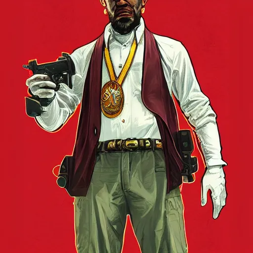 Image similar to [Monkey as president of Banana as GTA character, propaganda!, closeup, D&D, intricate, elegant, highly detailed, digital painting, artstation, concept art, matte, sharp focus, illustration, art by Artgerm and Greg Rutkowski and Alphonse Mucha and Enki Bilal]