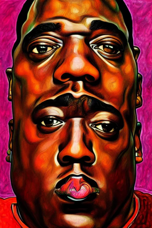 Image similar to a portrait of biggie small in style of egon schiele, masterpiece, hyperdetailed, complex, intricate, 4 k, trending on artstation