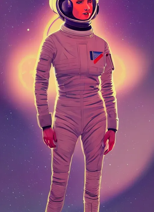 Prompt: illustration of the first female astronaut to reach and explore far off alien planet, retro futurism 1 9 5 0 s, half portrait by stanley artgerm, dramatic lighting, ilya kuvshinov, trending on artstation, flat colour, geometric curves, gradient filter, pleasing tone colours, by conrad roset