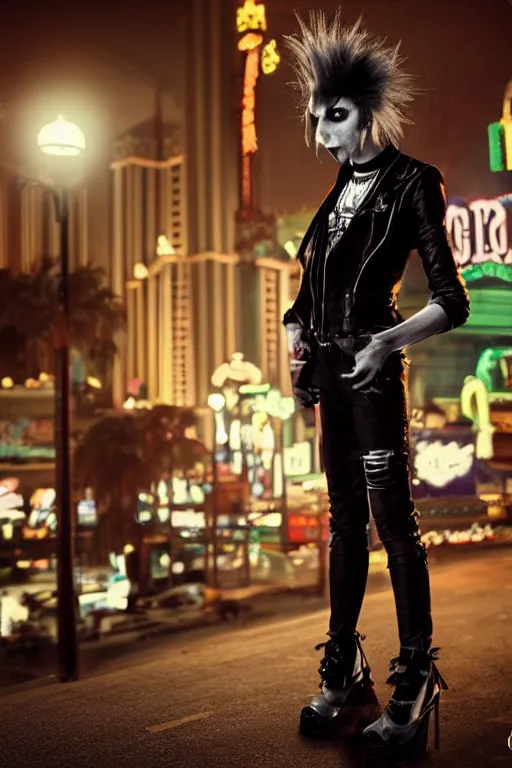 Image similar to full body portrait of a punk vampire in the shadows of the Las Vegas strip at night, cinematic, hyper realism, high detail, octane render, 8k, CGsociety, concept art