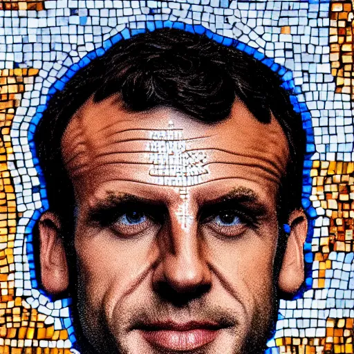 Image similar to mosaic portrait of Emmanuel macron with robot ears, 4k, intricate details, digital, moon in the background