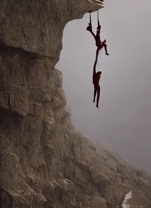 Image similar to action shot of Nicole Kidman hanging from a cliff face, Les Edwards, Zdzislaw Beksinski, Carl Gustav Carus, John Harris, Michal Karcz, Zhang Kechun, Mikko Lagerstedt, Scott Listfield, Steven Outram, Jessica Rossier