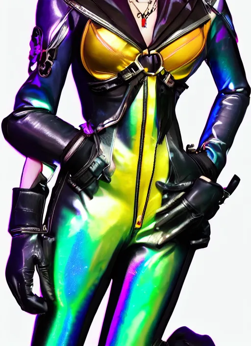 Image similar to portrait digital artwork of tracer overwatch, wearing iridescent rainbow latex and leather straps catsuit outfit, in style of mark arian, angel wings, dramatic painting, wearing detailed leather collar, chains, black leather harness, detailed face and eyes,