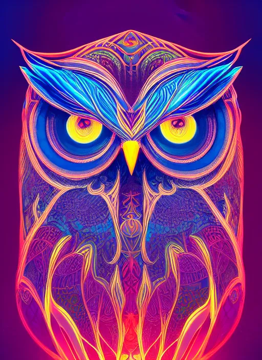 Image similar to symmetry!! product render poster vivid colors divine proportion owl, 神 圣, glowing fog intricate, elegant, highly detailed, digital painting, artstation, concept art, smooth, sharp focus, illustration,