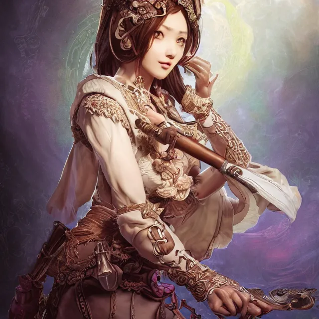 Image similar to studio portrait of neutral good colorful female cleric bard healer as absurdly beautiful, elegant, young skinny gravure idol, ultrafine hyperdetailed face illustration by kim jung gi, irakli nadar, intricate linework, sharp deep focus, bright colors, octopath traveler, final fantasy, unreal engine highly rendered, global illumination, radiant light, detailed and intricate environment