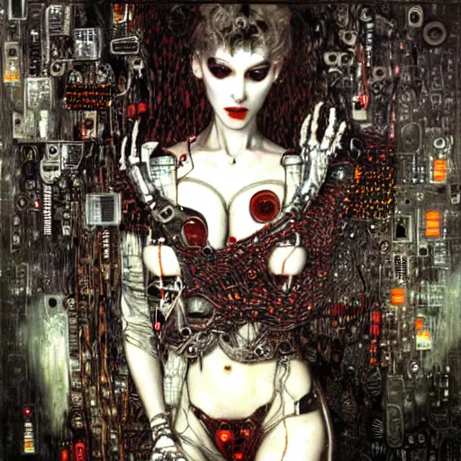 Image similar to depraved cybernetic vampire trapped in circuitry, intricate detail, klimt, miro, royo, whealan,