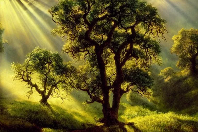 Image similar to masterpiece painting of oak trees on a hillside overlooking a creek, dramatic lighting with god rays, by marc davis