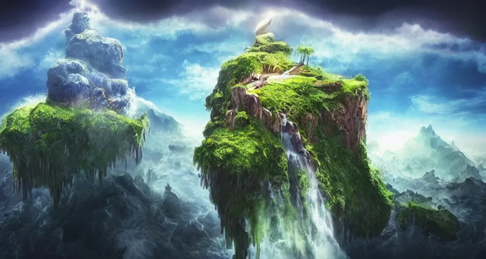 Image similar to A magnificent floating island in the sky above the sea, defying gravity, floating island, flying island, waterfall falling down, epic lighting, epic composition, highly detailed