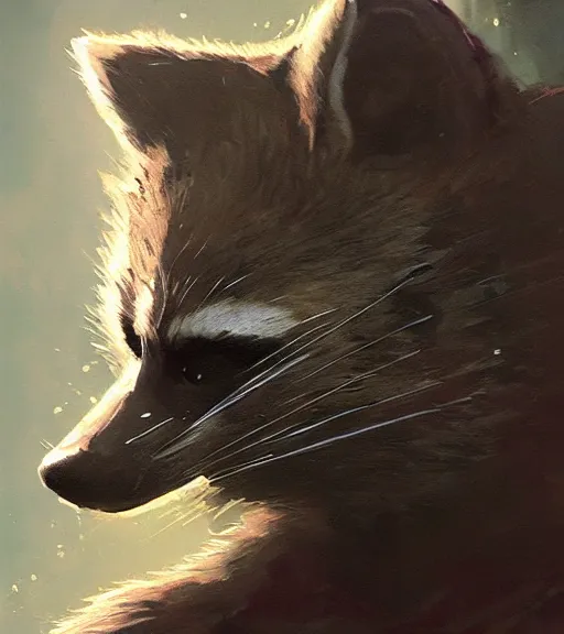 Image similar to a closeup portrait of Rocket Raccoon by Craig Mullins; extraordinary-masterpiece; realistic-lighting; anatomically-correct; 90mm; f/1.4