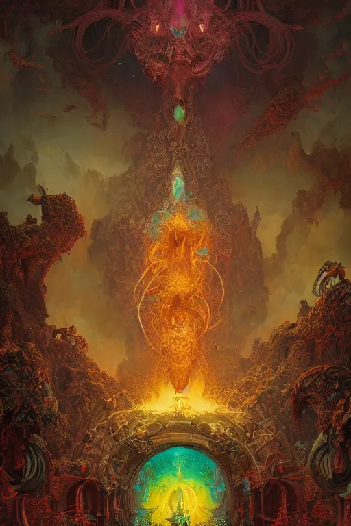 Image similar to gigantic skull center, psychedelic demonic cosmic death and flames, fantasy painting, ultra realistic, wide angle, art nouveau, intricate details, rainbowshift, vivid colors, highly detailed by peter mohrbacher, h. r. giger, maxfield parrish, gustave dore, craig mullins, octane render, cgi