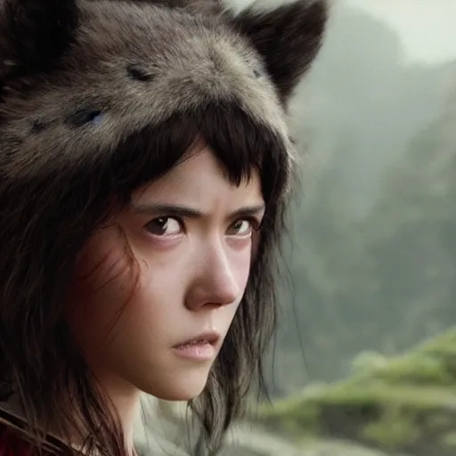 Image similar to mary elizabeth winstead as live action princess mononoke, still frame, sharp focus, cinematic, filmic