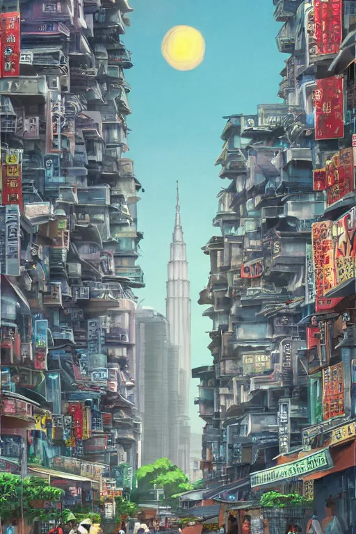 Image similar to hawker street with kuala lumpur twin towers in the background, evening, highly detailed matte painting, studio ghibli, artstation