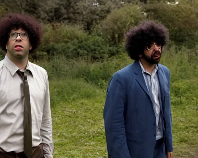 Image similar to richard ayoade as moss and chris o'dowd as roy in the it crowd ( 2 0 0 6 ), channel 4, episode still, 4 8 0 p