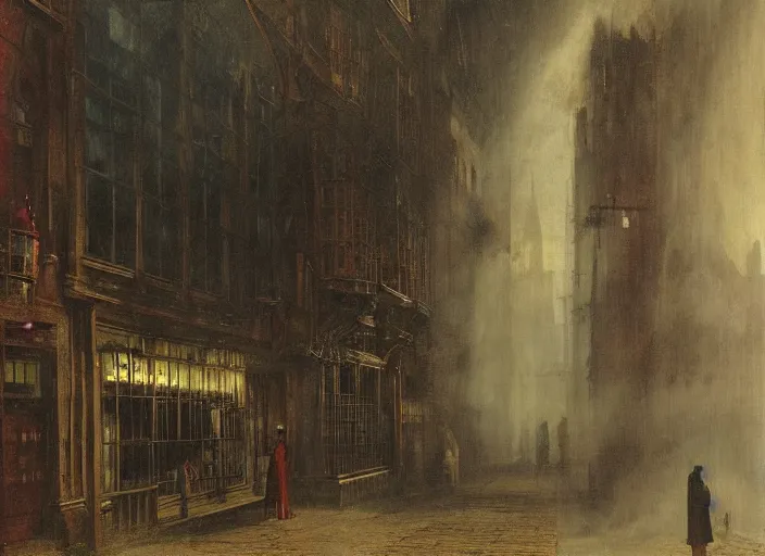 Image similar to 1 9 th century london, art by caspar david friedrich, thomas lawrence, john martin, dark, shady alleys, pub, pub sign, floor fog, coherent composition,