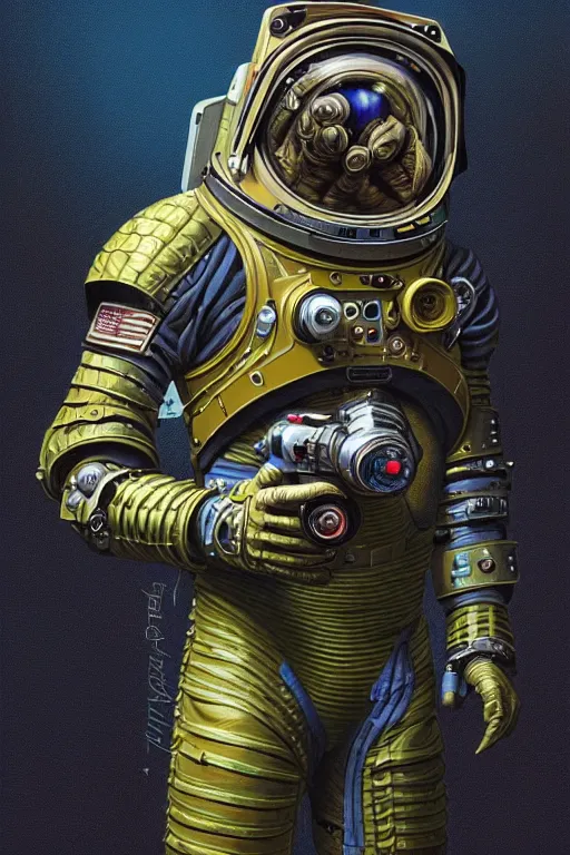 Image similar to a portrait of a muscular anthropomorphic cyberpunk caiman lizard space mechanic in spacesuit armor with ensignia on chest plate by sandra chevrier, by jon foster, detailed render, pistol in holster, tape deck, epic composition, cybernetics, 4 k realistic, cryengine, realistic shaded lighting, sharp focus, masterpiece, by enki bilal