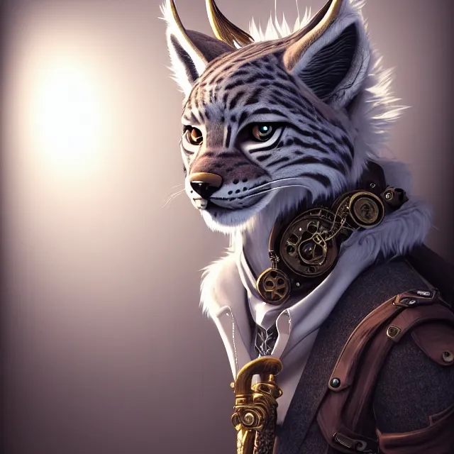 Image similar to the portrait of anthropomorphic lynx fursona wearing a steampunk suit as unimaginably beautiful, gorgeous, elegant, young lynx, an ultrafine hyperdetailed illustration by furaffinity, intricate linework, white fur, unreal engine 5 highly rendered, global illumination, radiant light, detailed and intricate environment