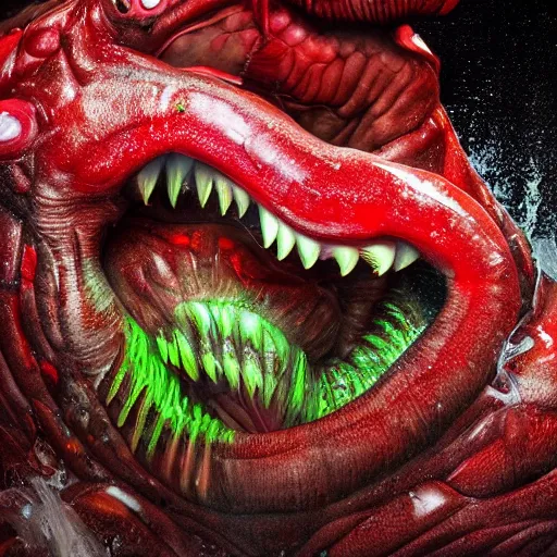 Image similar to a large slimy monster a with very long slimy tongue, dripping saliva, macro photo, fangs, red glowing skin, skin with scales, cinematic, tiny glowbugs everywhere, standing in shallow water, insanely detailed, dramatic lighting