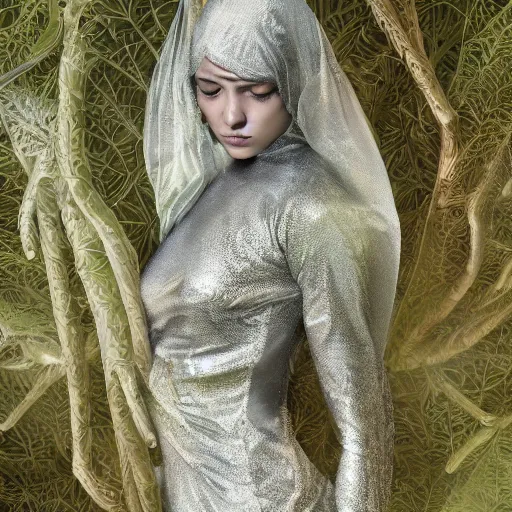 Prompt: a highly detailed ethereal full body shot, digital image of a silver covered elegantly posed futuristic woman beautifully cocooned in chromatic leafy foliage like leaves shot, full body shot, by Andrew Chiampo, artstation, and Frederik Heyman, extremely detailed woman, stunning volumetric lighting, intricate details, hyper realism, realistic fantasy, sci-fi, textured, stylized, 4k,