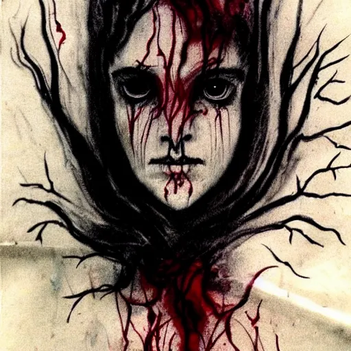 Prompt: Strange Sigil of an evil entity. lovecraftian feeling. by Agnes Cecile but in charcoal and blood. on a parchment made from thin leather. the parchment is 2000 years old.