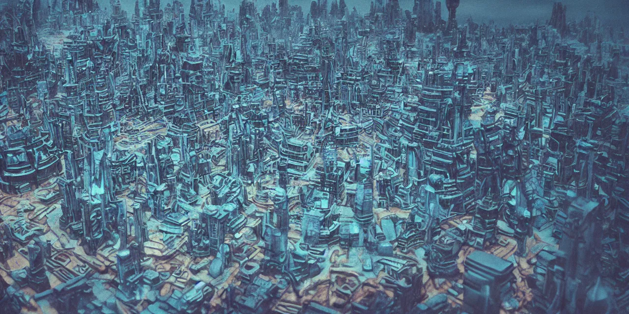 Prompt: photo of an alien city on a surreal exoplanet, bizarre terrain, cinematic, cinestill 8 0 0 t film