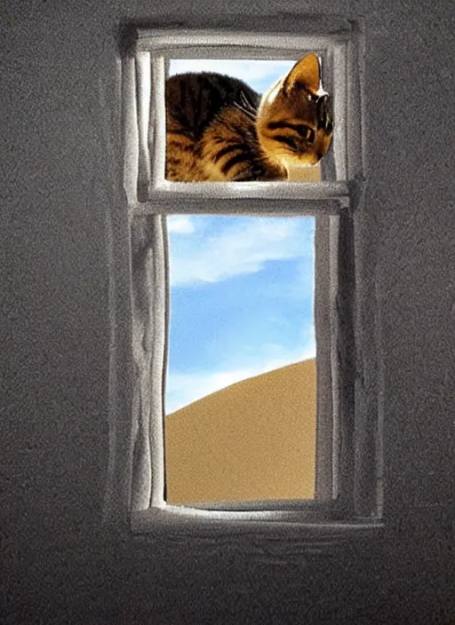 Image similar to cat is inside a window and is watching a martian landscape