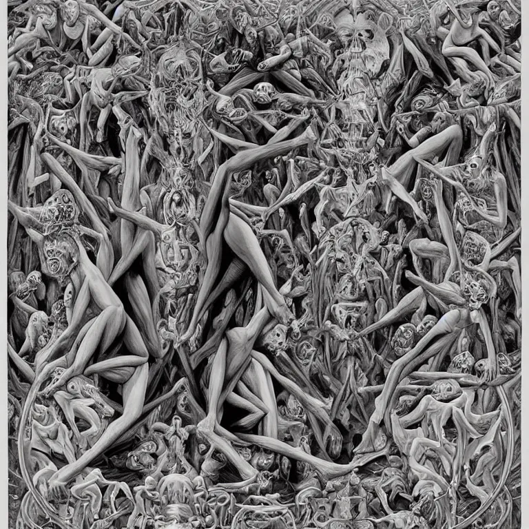 Image similar to meditation on death by Alex Grey and M. C. Escher collaboration