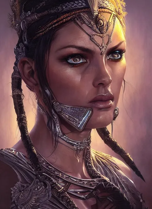 Image similar to a highly detailed symmetrical painting of a female amazon warrior with piercing beautiful eyes in dark tomb setting, dynamic lighting, ambient lighting, deviantart, art by artgerm and karol bak and mark brooks